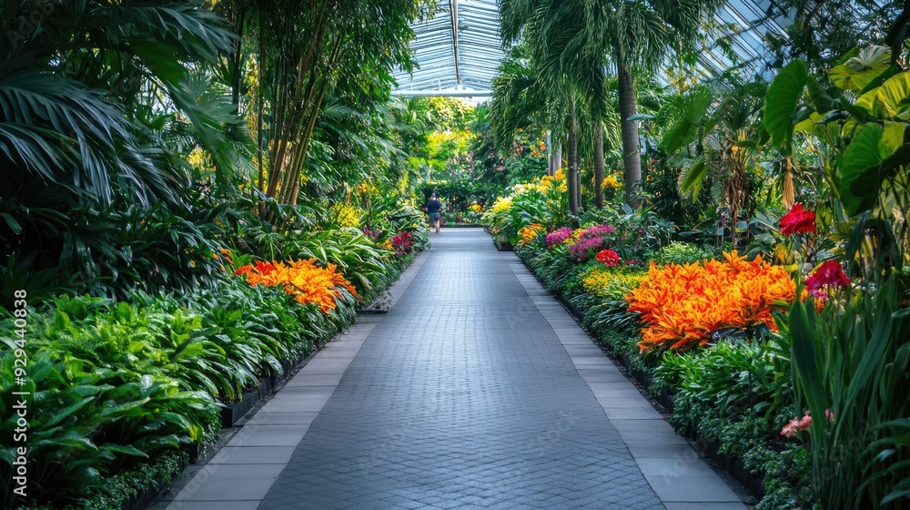 Naklejka premium Long, empty walkway through a vibrant botanical garden, showcasing plant varieties