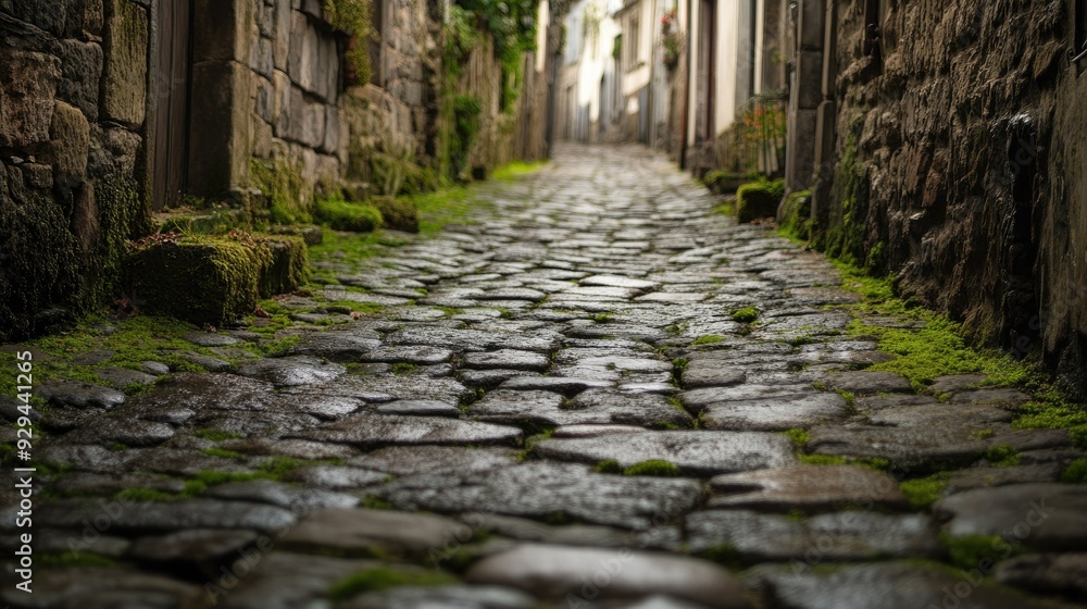 Old cobblestone alley with weathering and moss growth, conveying a historic and charming feel. Old cobblestone alley with weathering and moss growth, conveying a historic and charming feel.