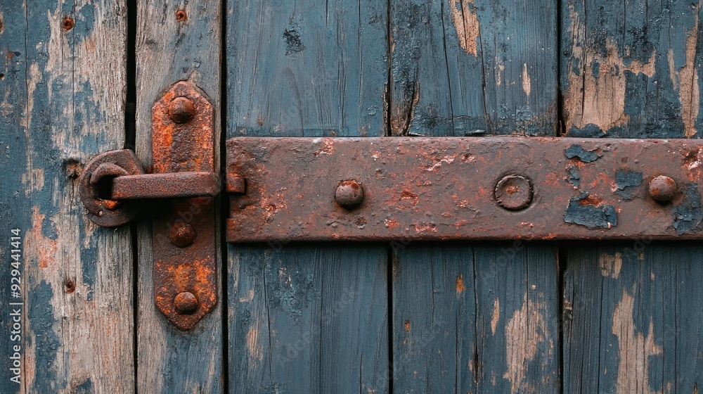Old wooden door with chipped paint and rusty hinges, capturing the essence of timeworn architecture. Old wooden door with chipped paint and rusty hinges, capturing the essence of timeworn architecture.