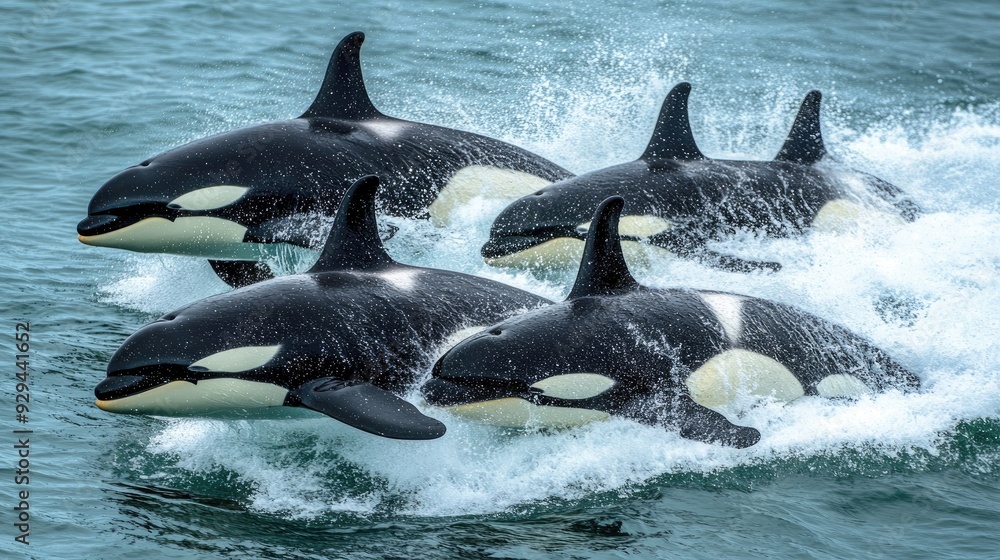 Orcas breaching the ocean surface in sync, representing the power and grace of marine predators. Orcas breaching the ocean surface in sync, representing the power and grace of marine predators.