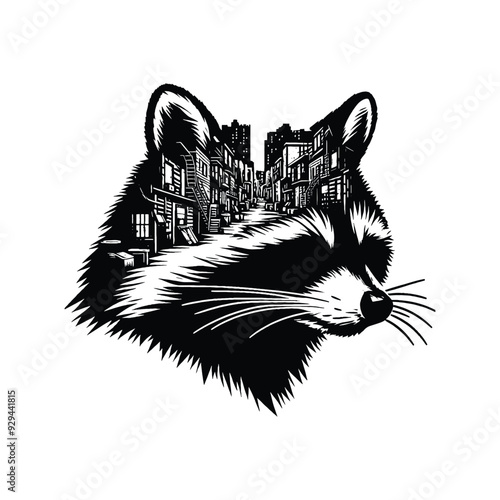 silhouette of Raccoon, filled with ghetto street in rough drawing,