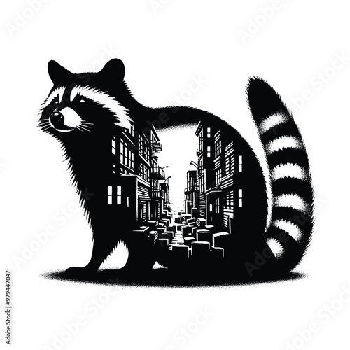 silhouette of Raccoon filled with ghetto street in rough drawing,
