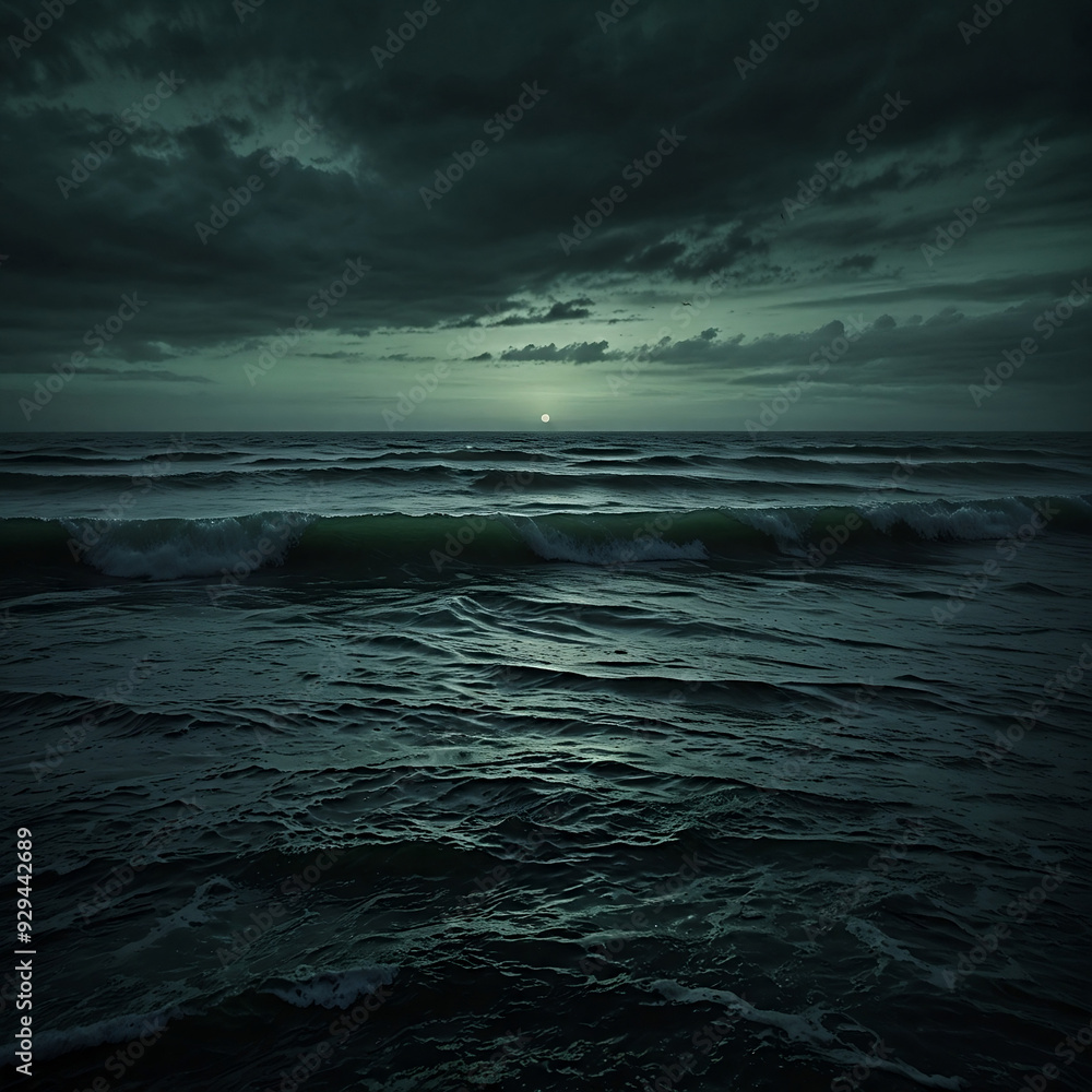 dark ominous nightmarish cloudy seascape, green dark ominous nightmarish cloudy seascape, green