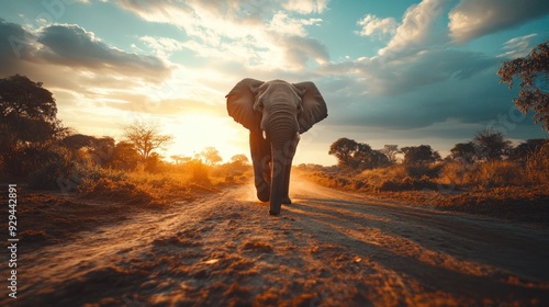 African Elephant Walking Towards the Sunset