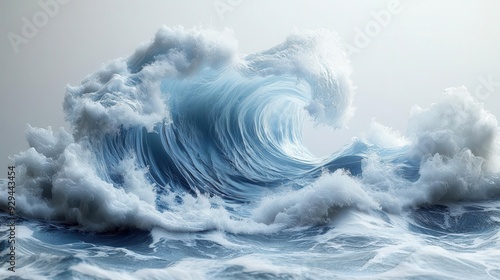 massive cerulean wave cresting with foamy white cap powerful ocean force captured midmotion against stark white background dynamic water sculpture photo