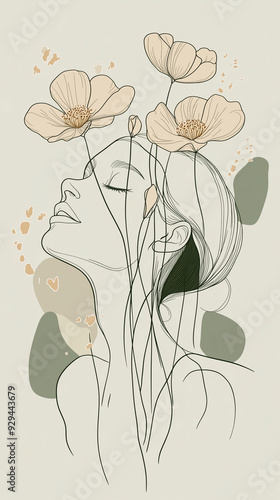 Minimalist line art illustration of an elegant woman with flowers, in a beige aesthetic, with simple lines and soft colors 