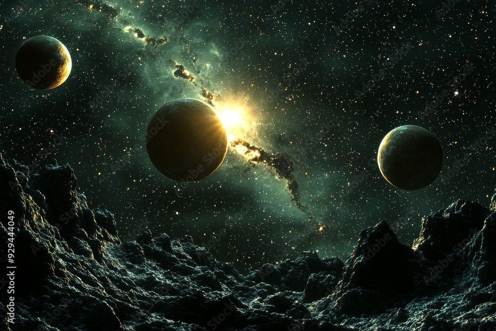 Space cosmic illustration with planets scene created with Generative AI Space cosmic illustration with planets scene created with Generative AI