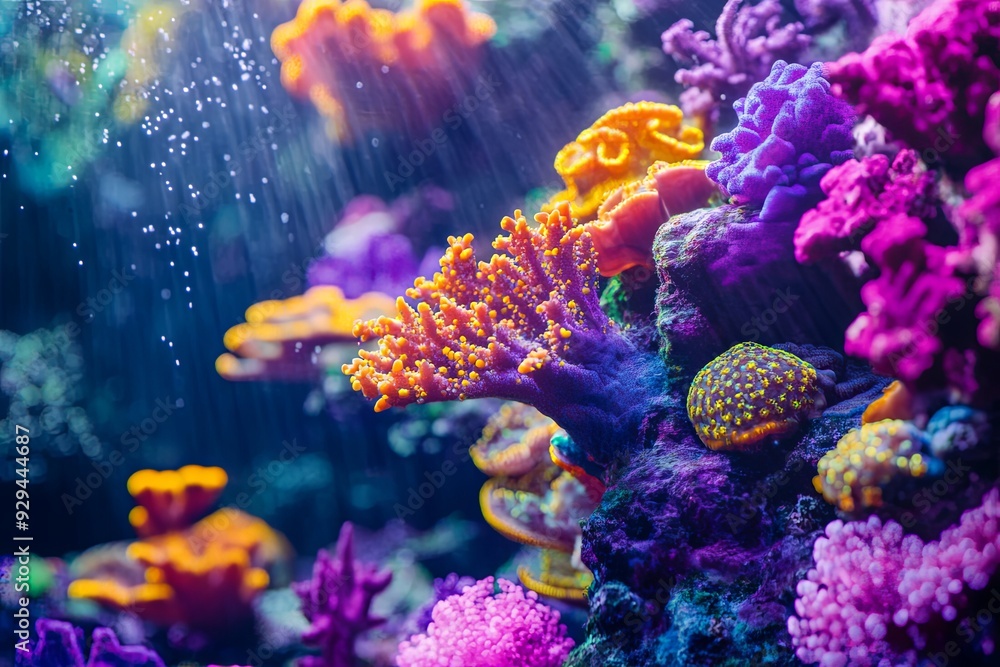 Obraz premium Colorful corals thrive beneath the ocean surface, illuminated by rays of sunlight in a vibrant marine environment. Generative AI