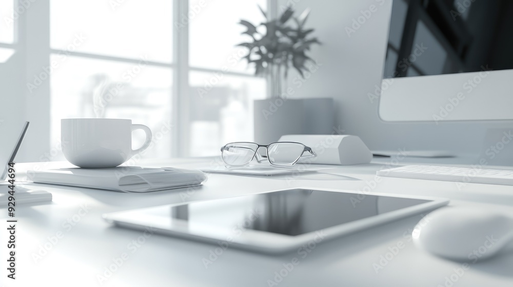 Minimalist office desk with sleek tech gadgets and a cup of coffee Minimalist office desk with sleek tech gadgets and a cup of coffee