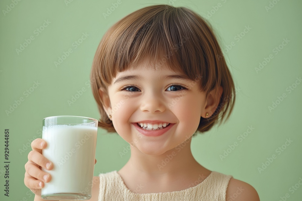 A cute little girl with short hair, smiling and holding milk in her hand A cute little girl with short hair, smiling and holding milk in her hand