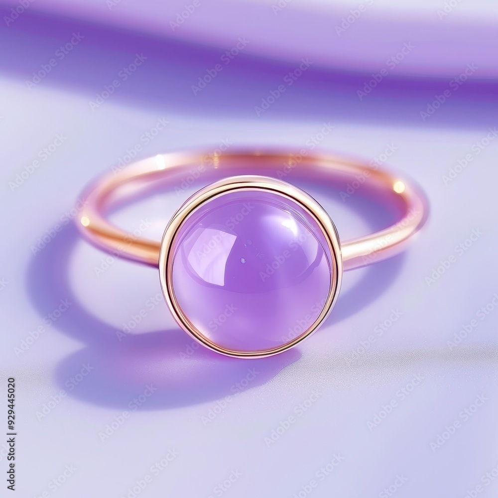 Elegant gold ring with a glowing round purple gemstone on a soft lavender background. Elegant gold ring with a glowing round purple gemstone on a soft lavender background.