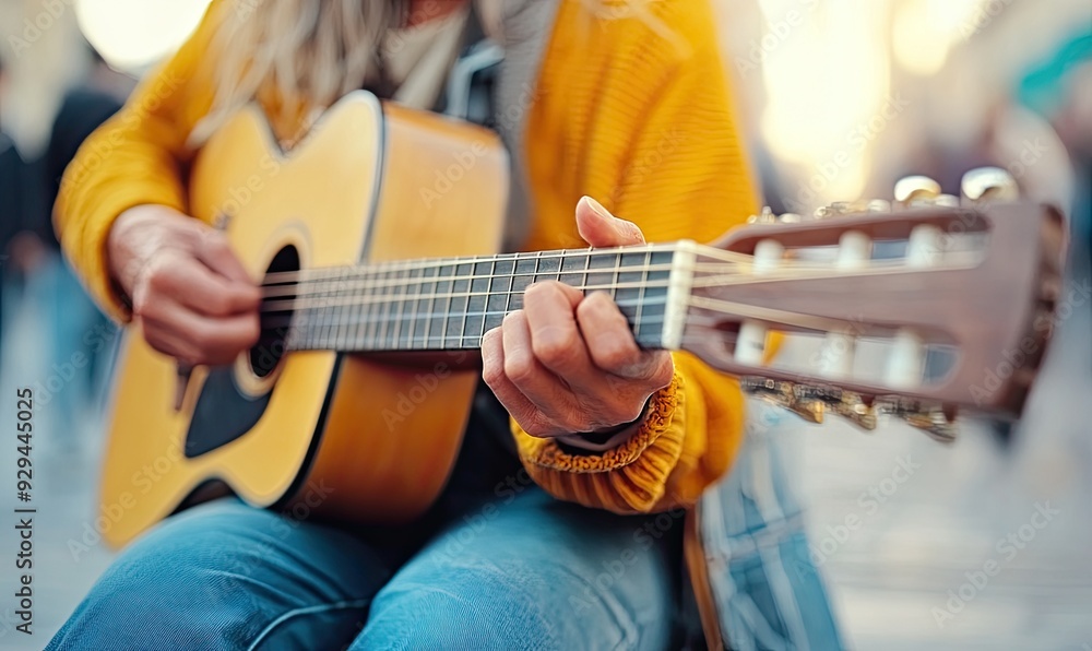 Fototapeta premium Female Street Musician Playing Guitar in Urban Setting