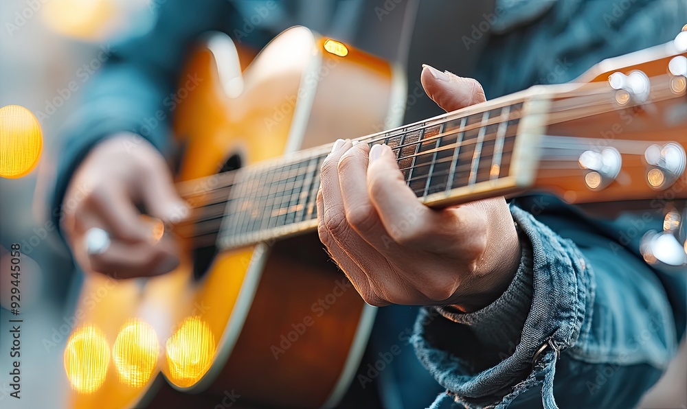 Obraz premium Female Street Musician Playing Guitar in Urban Setting