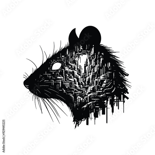 silhouette of rat, filled with destroyed futuristic dystopia environment in rough drawing,