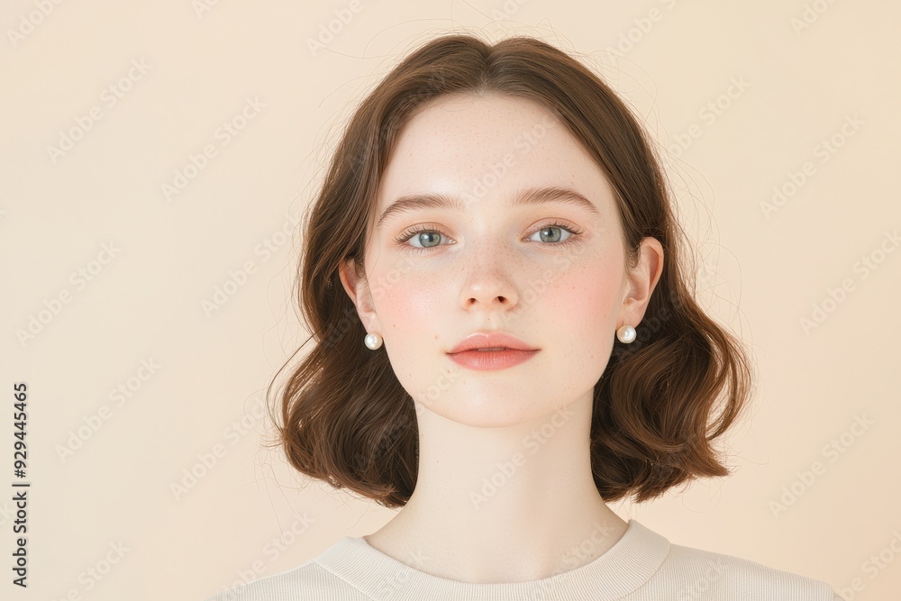 Woman beauty skin face and wearing pearl earrings, with an elegant and minimal beige dress, close-up Woman beauty skin face and wearing pearl earrings, with an elegant and minimal beige dress, close-up