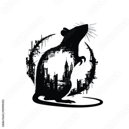 silhouette of rat filled with destroyed futuristic dystopia environment in rough drawing,