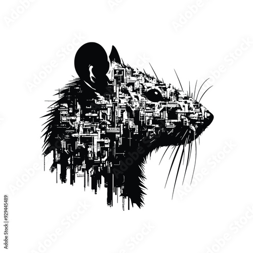 silhouette of rat, filled with destroyed futuristic dystopia environment in rough drawing,