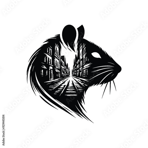 silhouette of rat, filled with ghetto street in rough drawing,