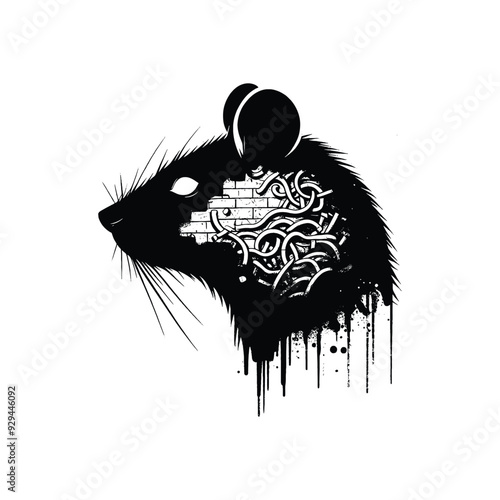 silhouette of rat, filled with graffiti street wall in rough drawing, photo