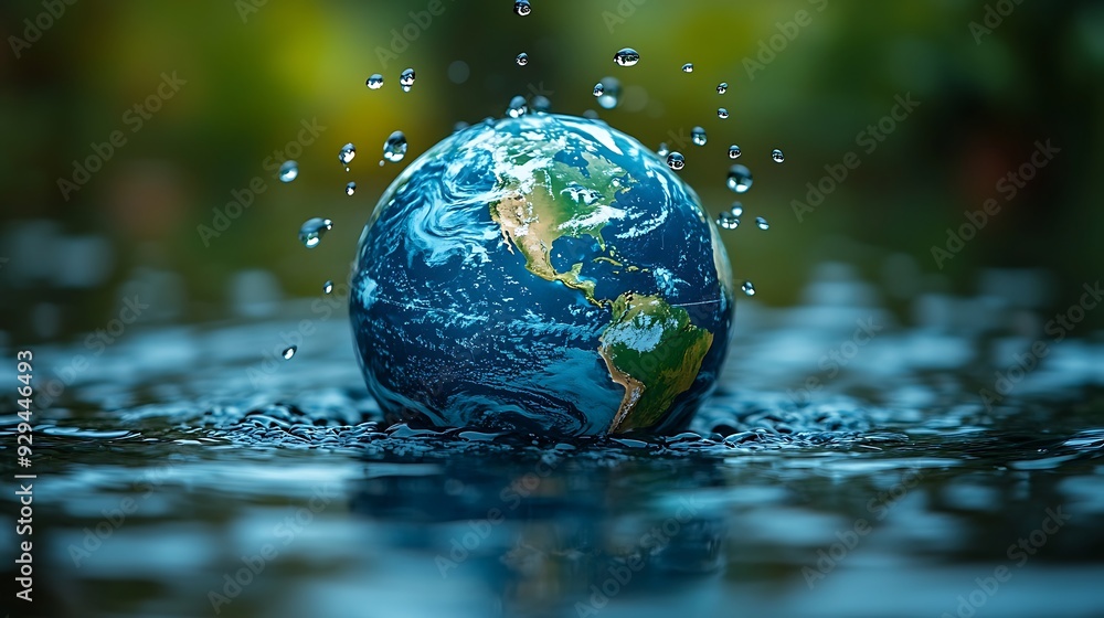 Water droplets form the shape of continents on a globe, copy sapce, emphasizing the interconnectedness of water resources worldwide, Global water awareness concept design Water droplets form the shape of continents on a globe, copy sapce, emphasizing the interconnectedness of water resources worldwide, Global water awareness concept design