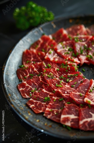 Close-up of raw beef slices garnished with chopped chives on a dark ceramic plate.