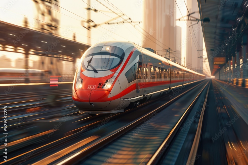 A train traveling down train tracks with a red and white color scheme A train traveling down train tracks with a red and white color scheme