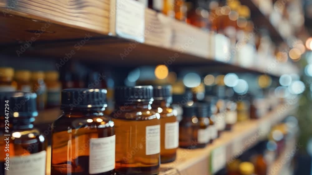 Glass bottles filled with various essential oils are neatly arranged on wooden shelves, illuminated by natural light streaming through the window. Glass bottles filled with various essential oils are neatly arranged on wooden shelves, illuminated by natural light streaming through the window.
