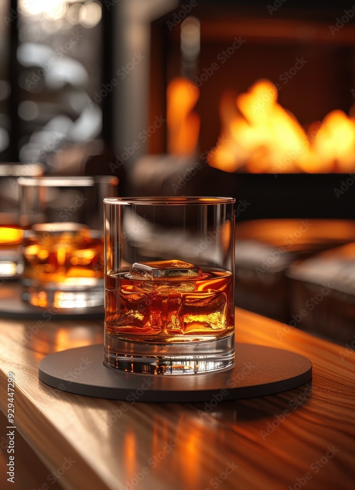 A glass of whiskey with ice on a wooden table, set against a warm, cozy fireplace backdrop. A glass of whiskey with ice on a wooden table, set against a warm, cozy fireplace backdrop.