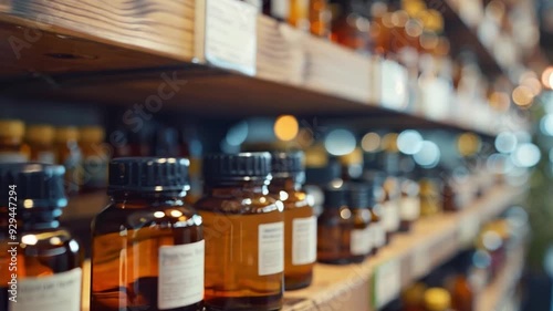 Wallpaper Mural Glass bottles filled with various essential oils are neatly arranged on wooden shelves, illuminated by natural light streaming through the window. Torontodigital.ca