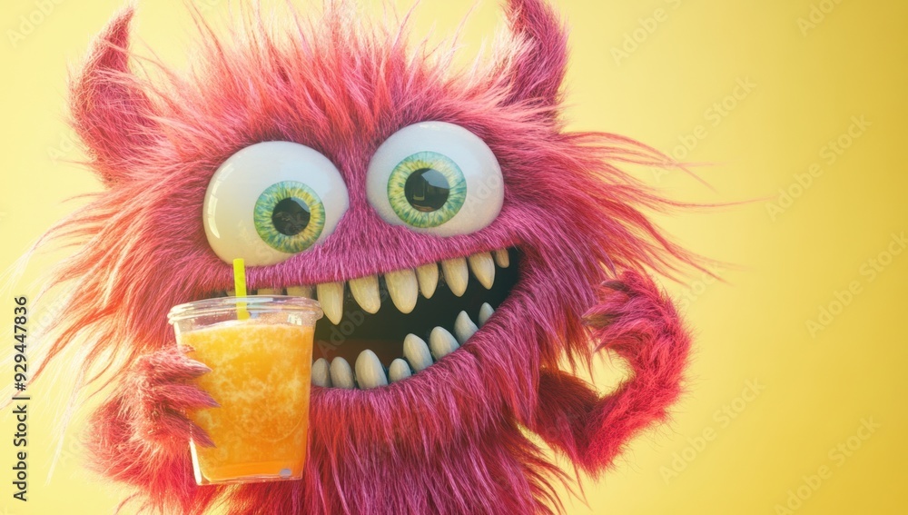 Cute furry monster smiling and holding lemonade, with fluffy pink, red and orange Cute furry monster smiling and holding lemonade, with fluffy pink, red and orange
