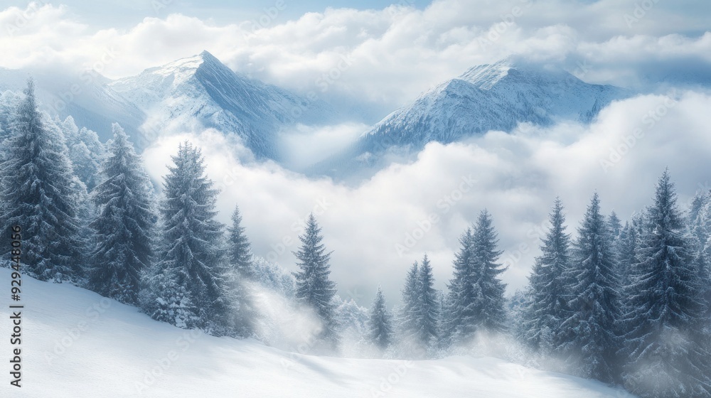 Obraz premium Snowy Mountains with Mist and Pine Trees
