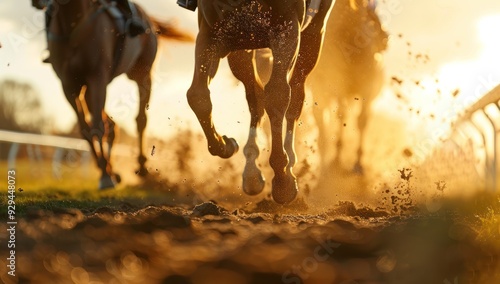 Close up of horses racing on a grass track, with dirt flying in the air photo