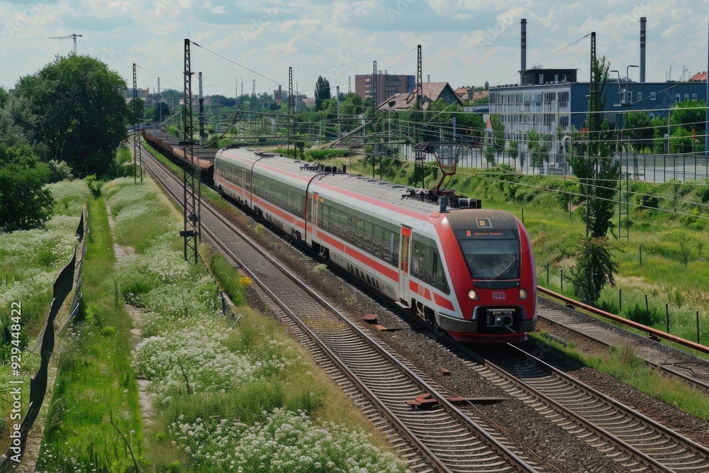 Naklejka premium Train on tracks with red and white colors
