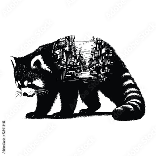 silhouette of red panda filled with ghetto street in rough drawing,