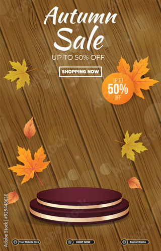 autumn sale discount portait template banner with blank space 3d podium for social media feed product sale with abstract gradient brown background design2