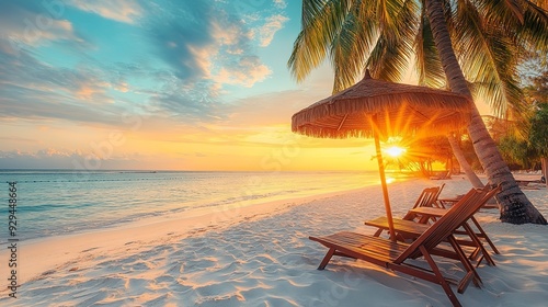 Fototapeta Naklejka Na Ścianę i Meble -  Beach chairs and umbrella on the white sand beach with palm trees, sunset light 