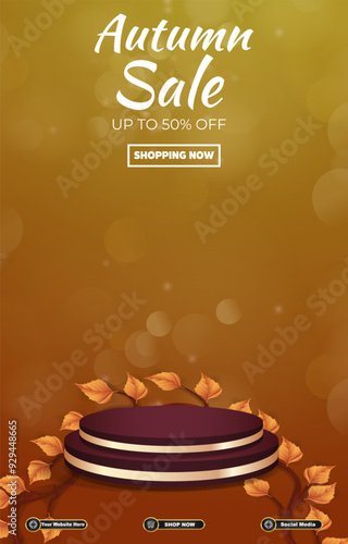 autumn sale discount portait template banner with blank space 3d podium for social media feed product sale with abstract gradient brown background design1