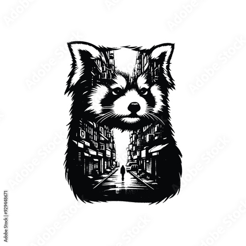 silhouette of red panda filled with ghetto street in rough drawing,