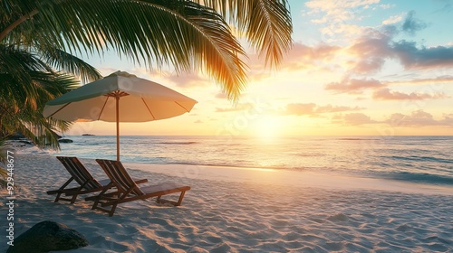 Fototapeta Naklejka Na Ścianę i Meble -  Beach chairs and umbrella on the white sand beach with palm trees, sunset light 