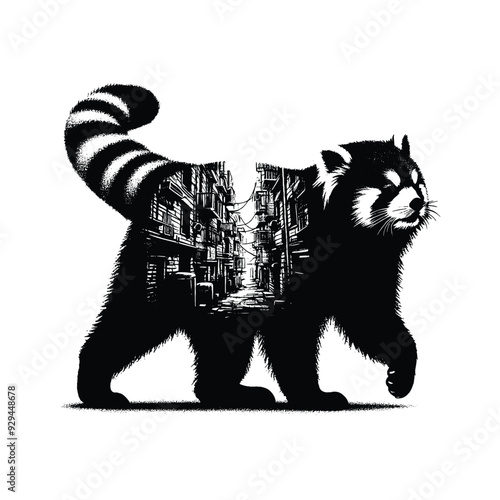 silhouette of red panda filled with ghetto street in rough drawing,