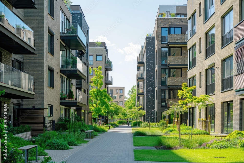 A cityscape image showing a walkway between two buildings with a bench in the middle, perfect for use in urban-themed designs A cityscape image showing a walkway between two buildings with a bench in the middle, perfect for use in urban-themed designs