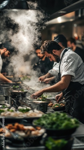 Chefs focus diligently on creating plates amidst a lively restaurant rush photo