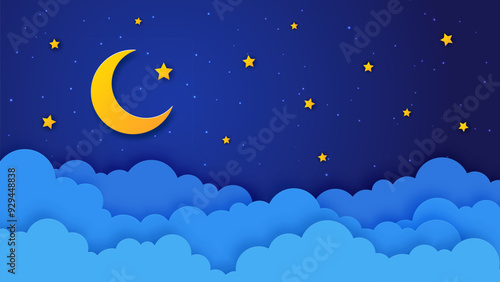 Paper cut crescent moon night sky vector background with cartoon stars and 3d origami clouds. Dreams, space, Ramadan and weather banner of night sky with golden moon, stars and wavy paper cut border