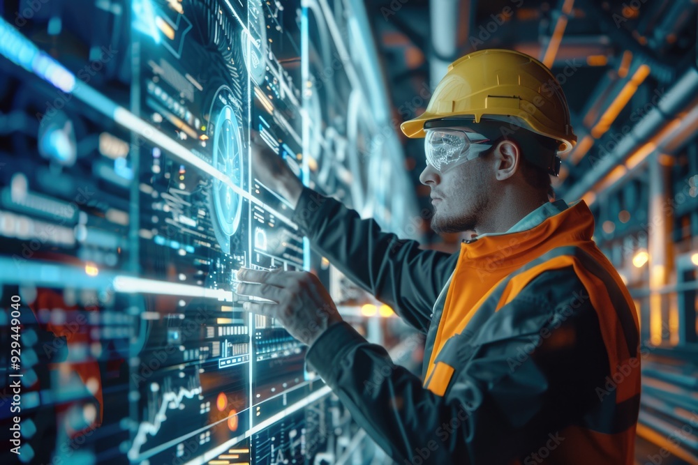 A man in a hard hat works on a large screen, likely for construction or renovation purposes A man in a hard hat works on a large screen, likely for construction or renovation purposes