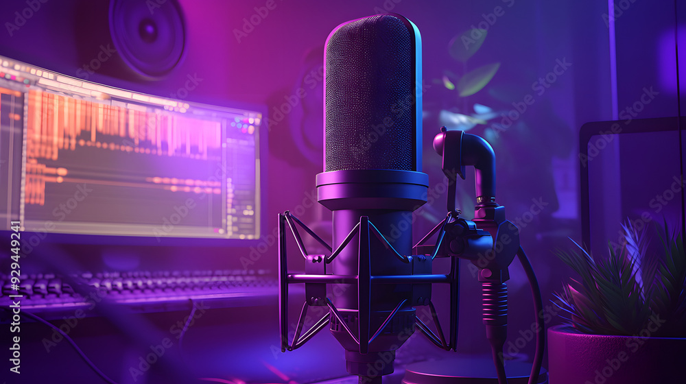 Highly realistic 3D rendering of a microphone in a recording studio, featuring reflective textures and soft ambient lighting, ideal for audio production Highly realistic 3D rendering of a microphone in a recording studio, featuring reflective textures and soft ambient lighting, ideal for audio production