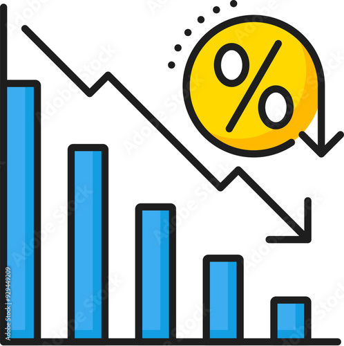 Depreciation color line icon with decline bar graph and percent vector symbol. Inflation, economic crisis, business and finance recession, money loss and bankruptcy outline sign with decrease chart