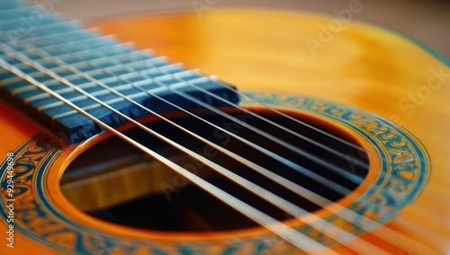 Close-up of an acoustic guitar, with intricate details on the neck and cut strings