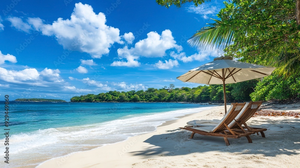 Obraz premium A beach chair reclined under a parasol at a beautiful tropical beach