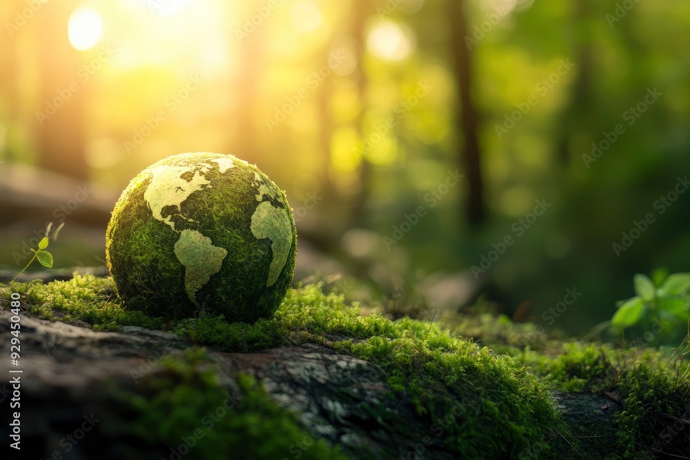 Earth Day - Environment - Green Globe In Forest With Moss And Defocused Abstract Sunlight , ai Earth Day - Environment - Green Globe In Forest With Moss And Defocused Abstract Sunlight , ai