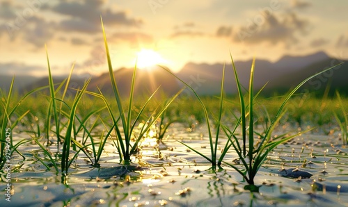 The natural view of the river with clear sky and rice plants beautifies nature Generate AI